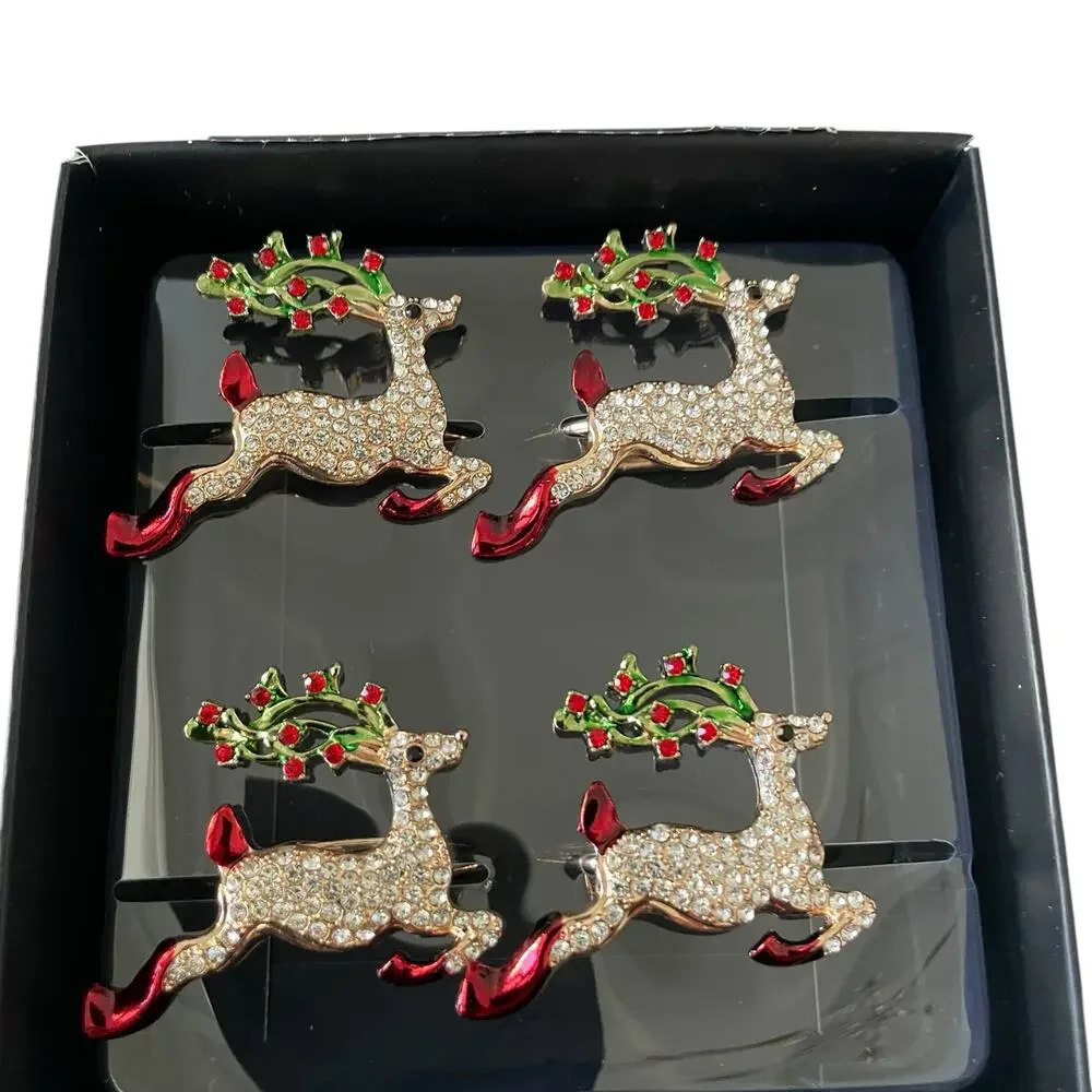 Nicole Miller Christmas Rhinestone Reindeer Napkin Rings Set of 4 Holiday Glam